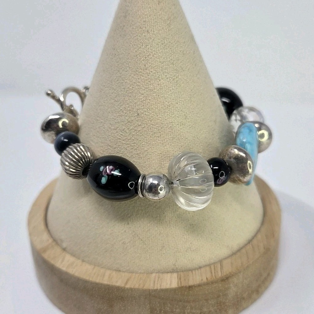 Jordan Sterling Silver 925 Turquoise Bear Fetish Lampwork Toggle Bracelet - Picture 5 of 10